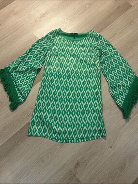 C Luce Ikat Patterned Fringe Open Bell Sleeve Shift Dress Sz Small